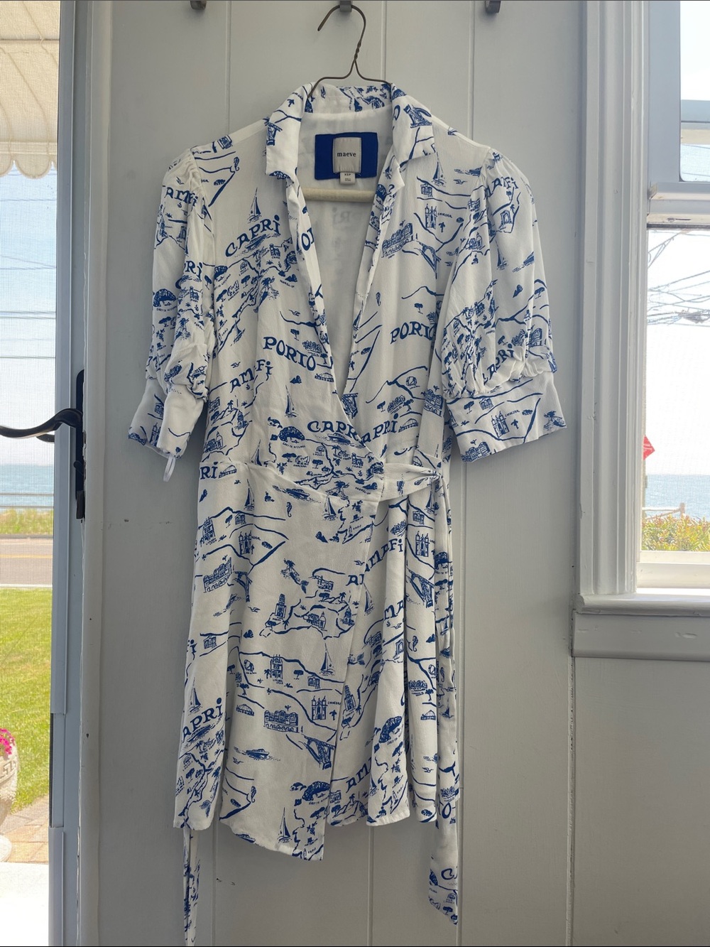 Maeve White Wrap Dress with Blue Capri Print